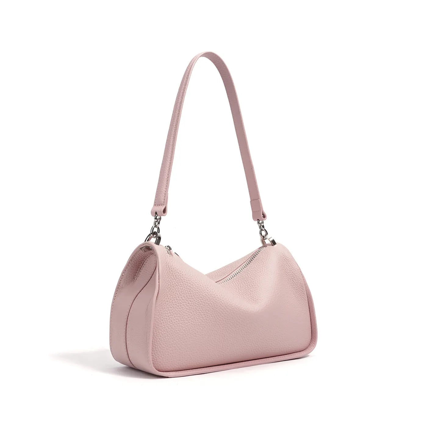 Bandolera de piel granulada en rosa peonía, de tres cuartos